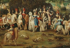 Aria, dettaglio di un gruppo di donne al centro e cani che inseguono lepri, c.1640-41